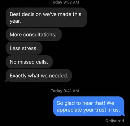 Client message: Best decision we've made this year — more consultations, less stress, no missed calls.